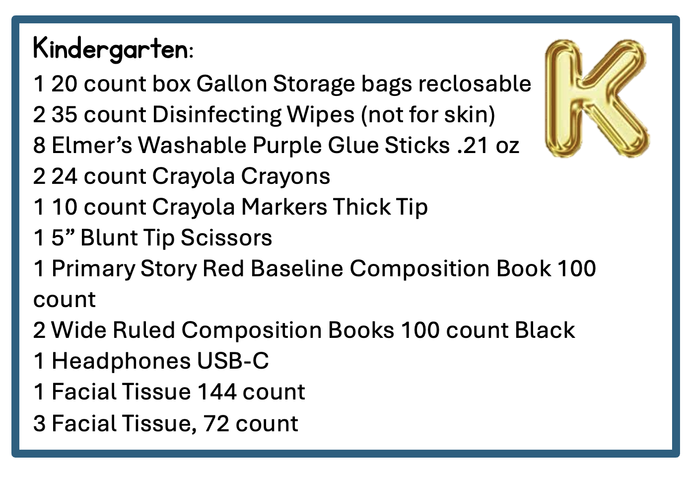 Kindergarten Supply List